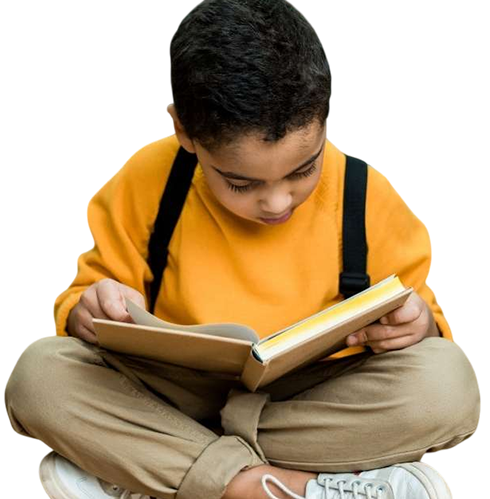 Young boy happily reading a children's book illustration