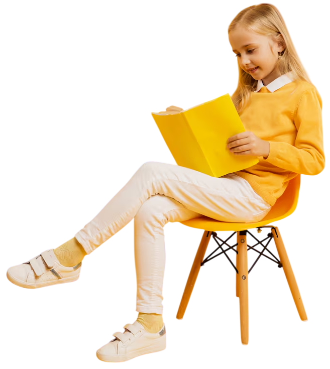 Little girl sitting and reading a children's book illustration